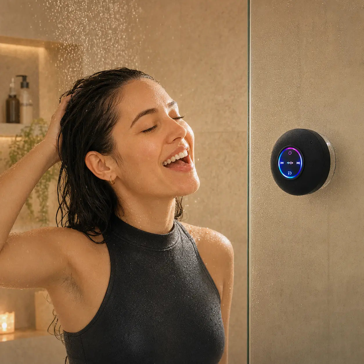 Femme profitant de sa musique sous la douche avec MELOONDA fixée sur la paroi en verre