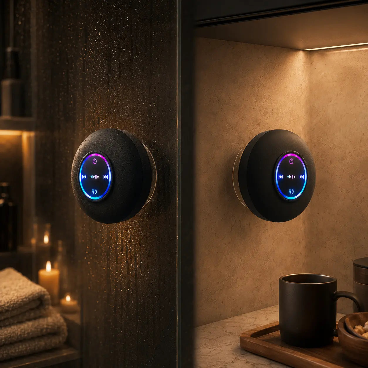 Deux enceintes MELOONDA, une dans la salle de bain et une dans la cuisine