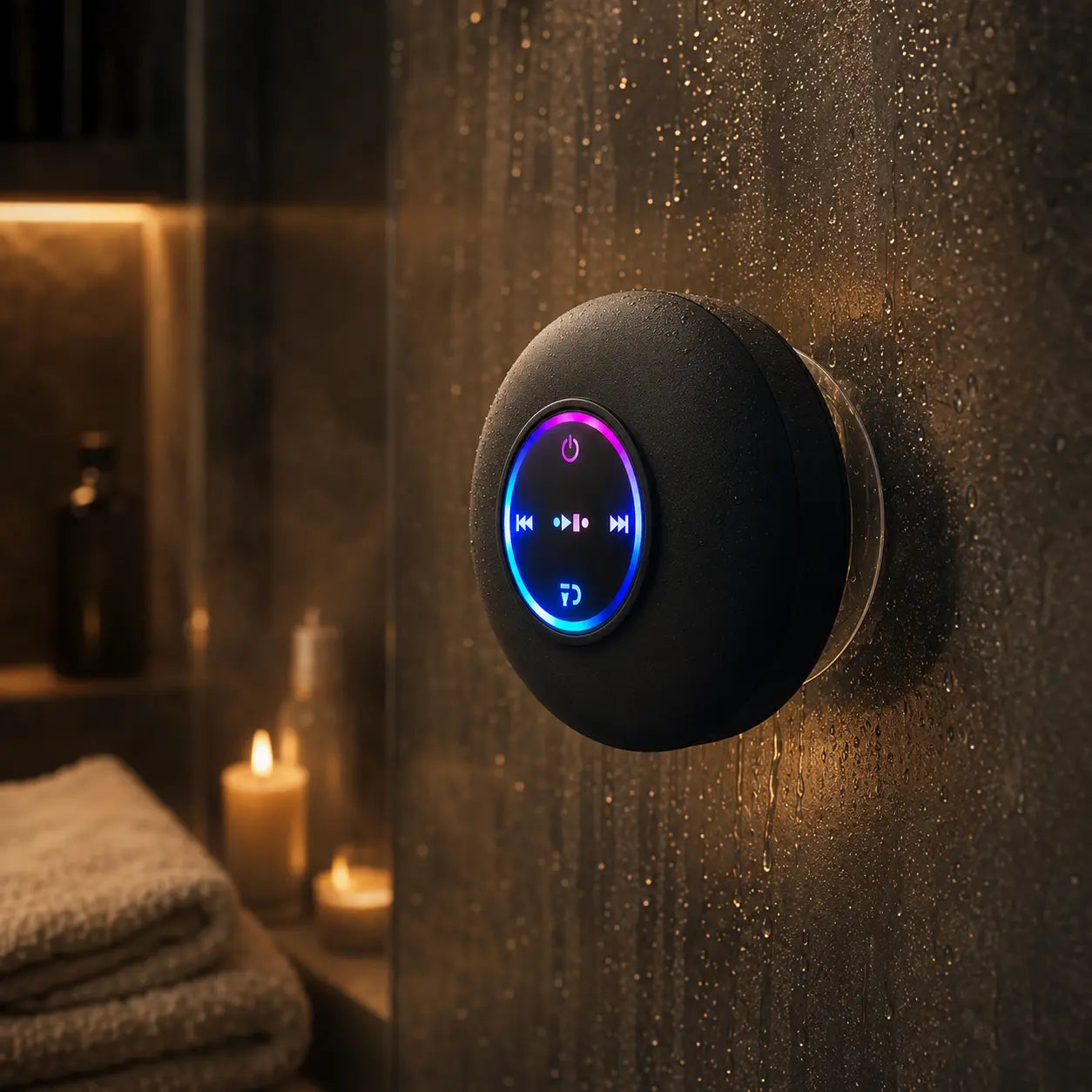 Une enceinte MELOONDA dans une salle de bain chaleureuse