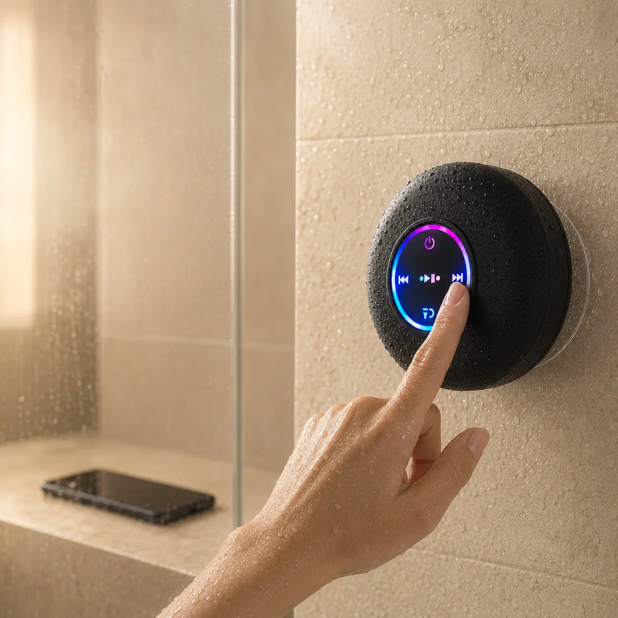 Commande de l’enceinte MELOONDA depuis la douche avec le téléphone à distance