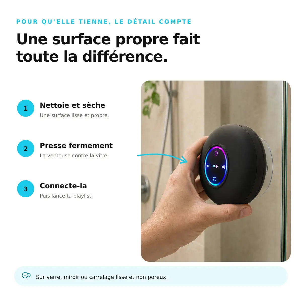 Main pressant la ventouse de MELOONDA contre une vitre, avec les trois étapes de fixation