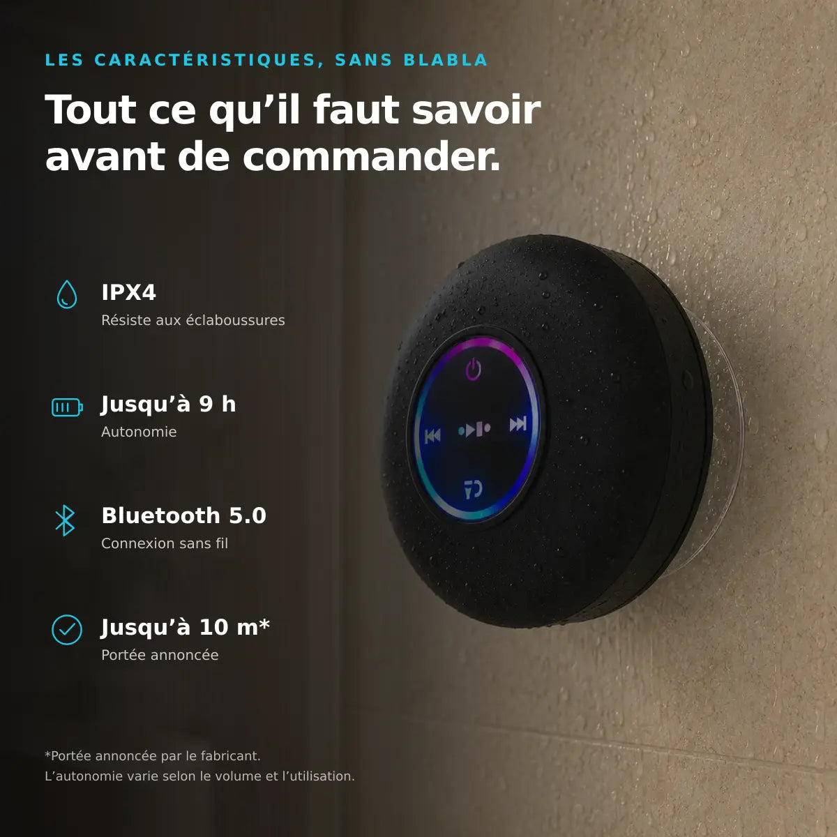 Caractéristiques annoncées de MELOONDA : IPX4, jusqu’à neuf heures d’écoute, Bluetooth 5.0 et portée jusqu’à dix mètres