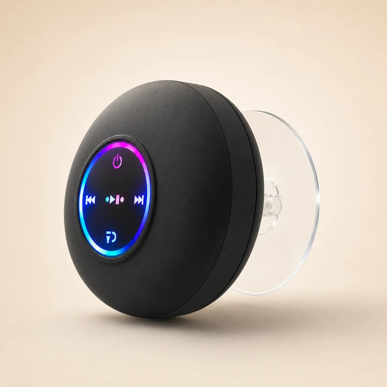 Vue latérale de l’enceinte MELOONDA montrant les commandes, le corps noir mat et la ventouse arrière